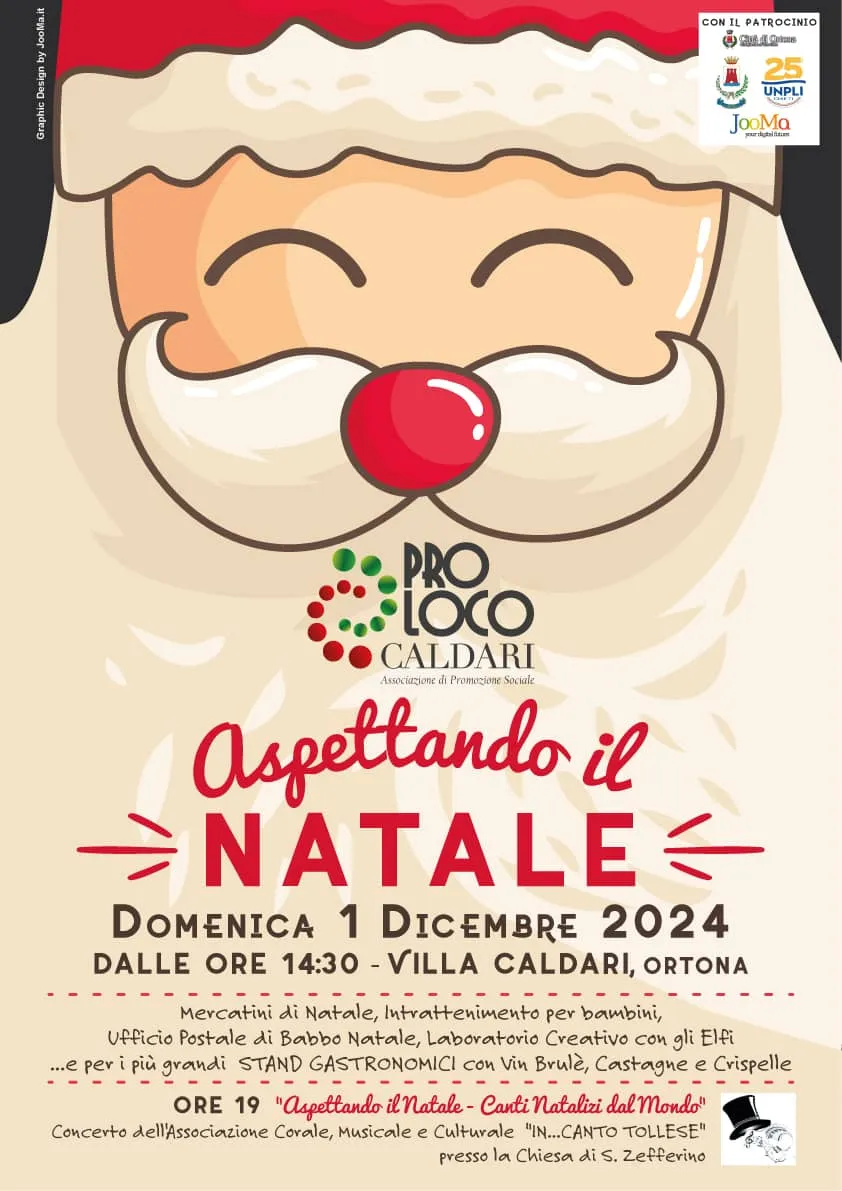 Locandina Aspettando il Natale 2024 - Pro Loco Caldari e Jooma Locandina Aspettando il Natale Domenica 1 Dicembre 2024 Villa Caldari Ortona